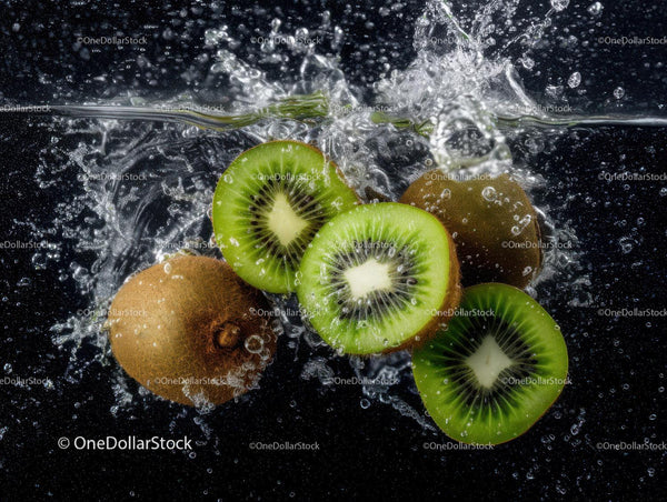 Fresh Kiwi Slices Splashing in Water with Vibrant Splash Effect