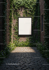 Blank poster on brick wall with green vines and flowers
