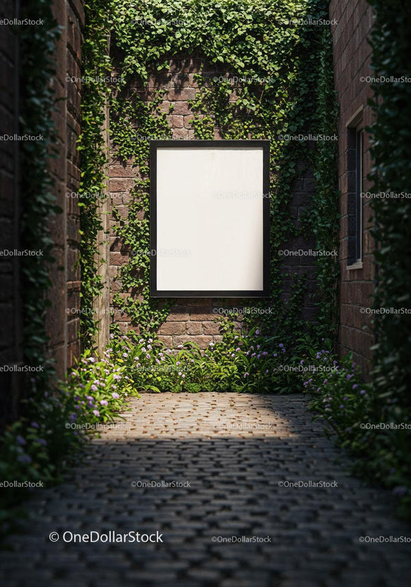 Blank poster on brick wall with green vines and flowers JPG Mockup Image