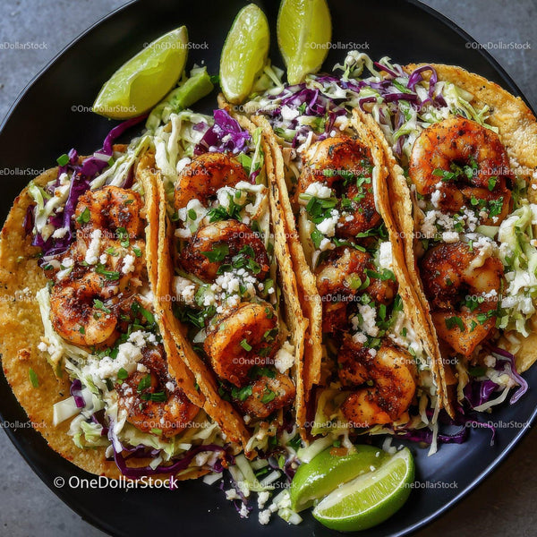 Grilled Shrimp Tacos with Coleslaw and Lime Garnish