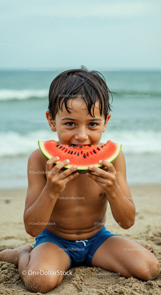 Joyful Boy Eating Watermelon on Beach During Summer Day