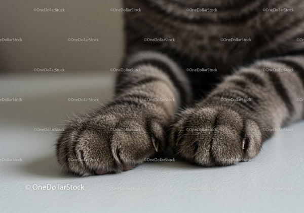 Close up of relaxed tabby cat paws on soft surface