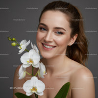 Smile of a Woman with White Orchid Flowers Portrait