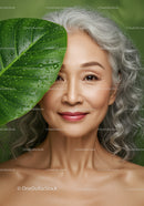 Elegant Senior Woman with Gray Hair and Leaf Outdoors