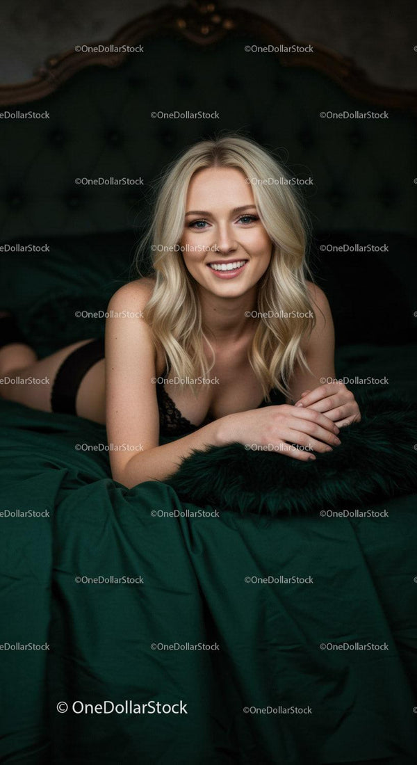 Smiling blonde woman relaxing on dark green bed