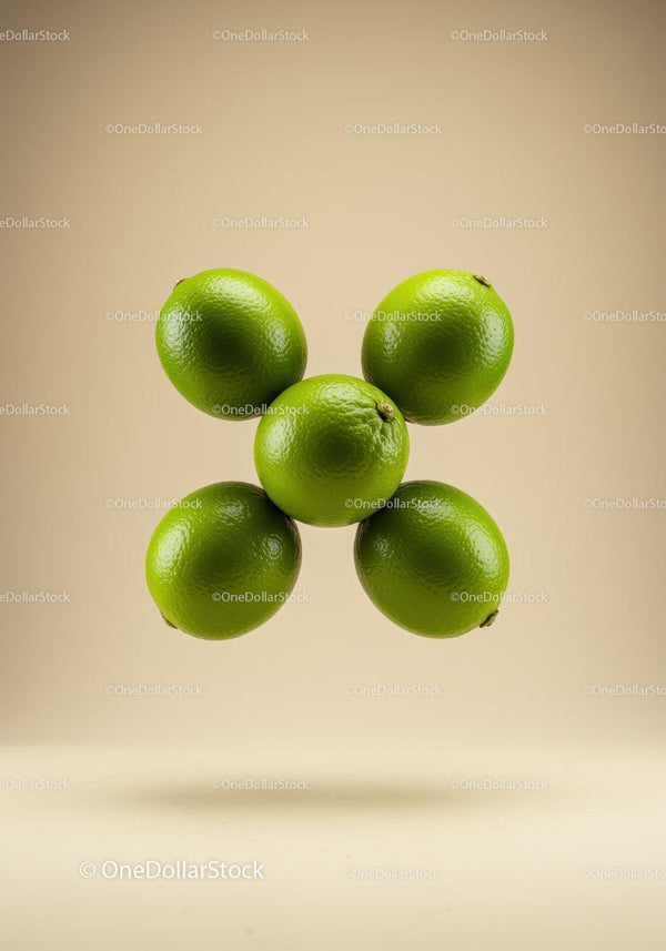Fresh green limes levitating in soft beige background