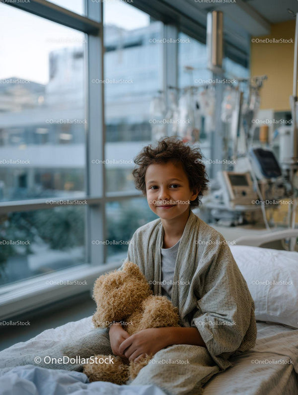 Young Child Smiling with Teddy Bear in Pediatric Hospital Room