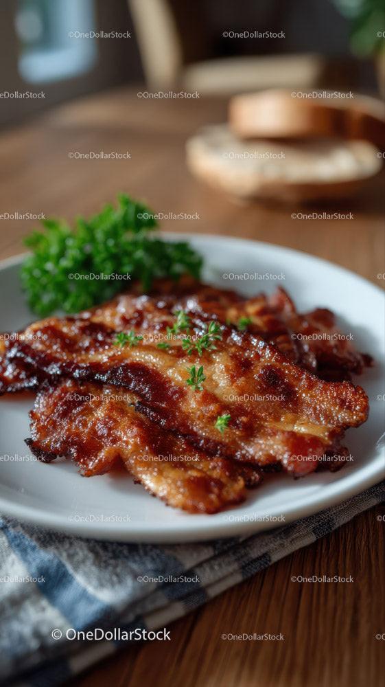 Grilled Bacon with Fresh Parsley on White Plate