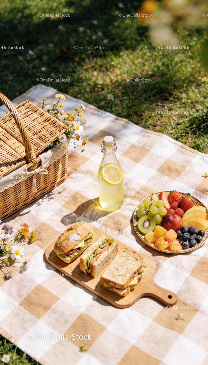 Summer Picnic with Fresh Sandwiches and Fruit Bowl