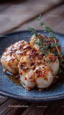 Delicious Grilled Scallops on Black Plate with Fresh Herb Garnish