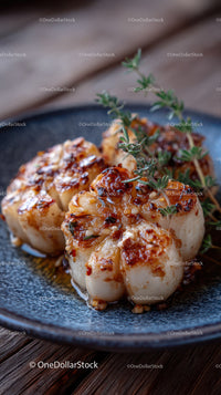 Delicious Grilled Scallops on Black Plate with Fresh Herb Garnish