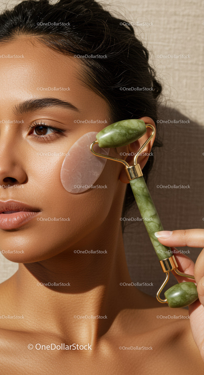 Close-up of Woman Using Jade Roller for Facial Massage
