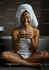 Woman with Facial Mask Sitting in Bathroom Relaxing and Smiling