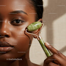 Close-Up of a Woman Using Jade Roller for Skin Rejuvenation and Beauty Care