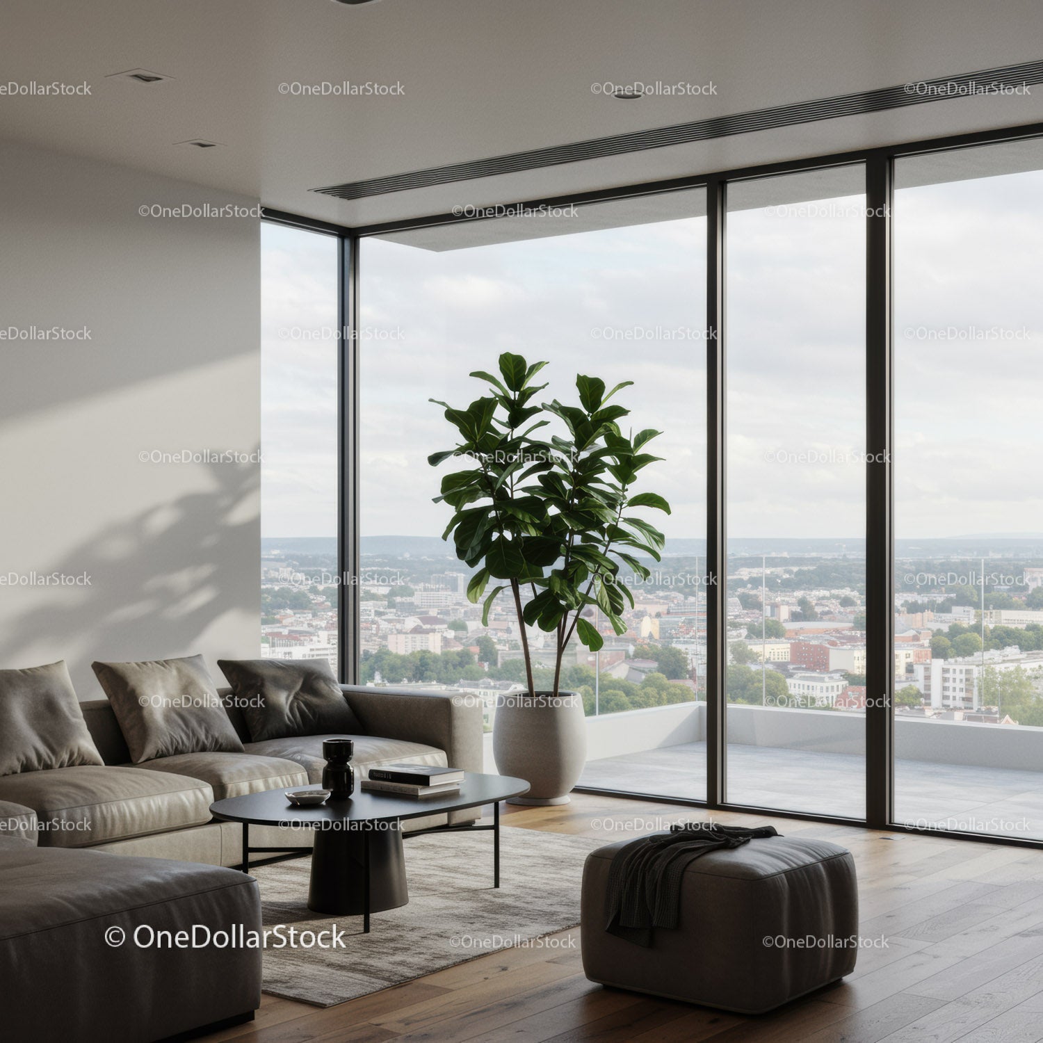 Modern Interior with Large Windows and Green Plant in Urban Apartment