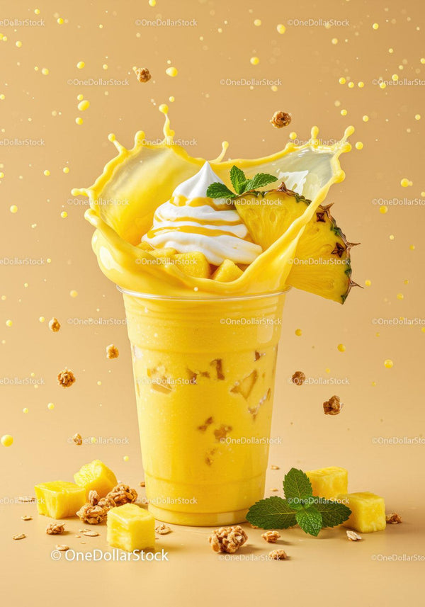 Refreshing Pineapple Smoothie with Cream Splash and Mint