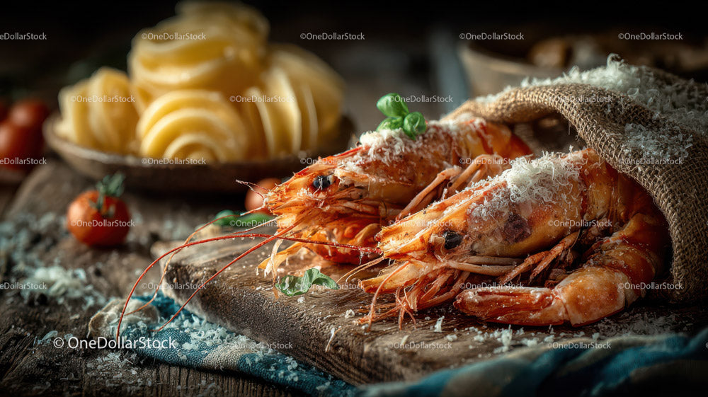Fresh Prawns Seafood Platter with Lemon Slices on Rustic Wooden Board
