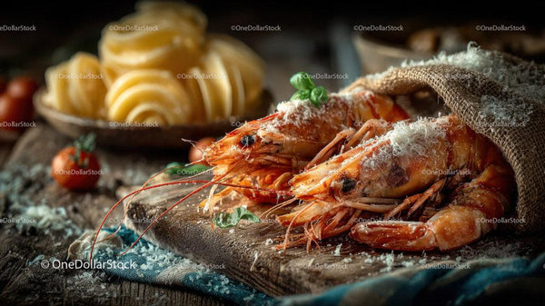 Fresh Prawns Seafood Platter with Lemon Slices on Rustic Wooden Board
