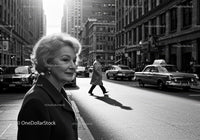 Elderly Woman in Busy City Street Surrounded by Vintage Cars