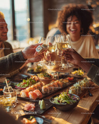 Friends Celebrating with Champagne and Sushi in Cozy Modern Restaurant