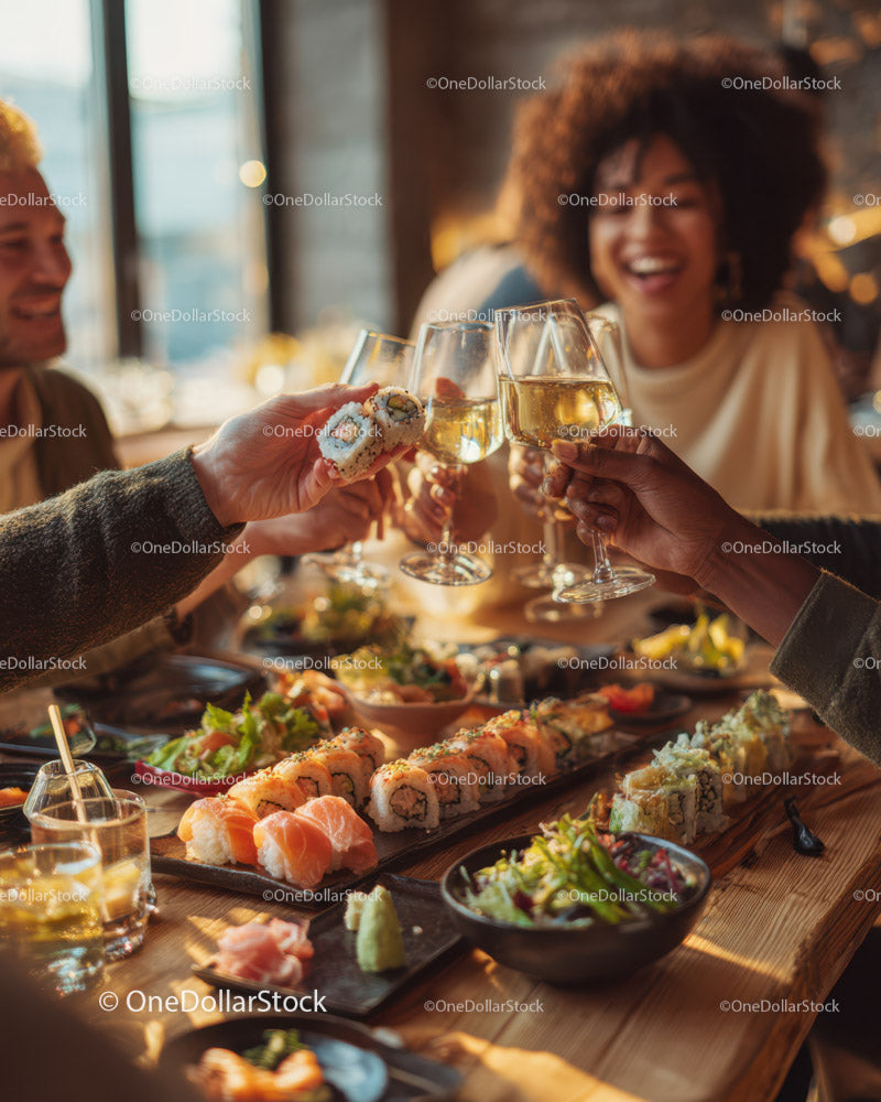 Friends Celebrating with Champagne and Sushi in Cozy Modern Restaurant