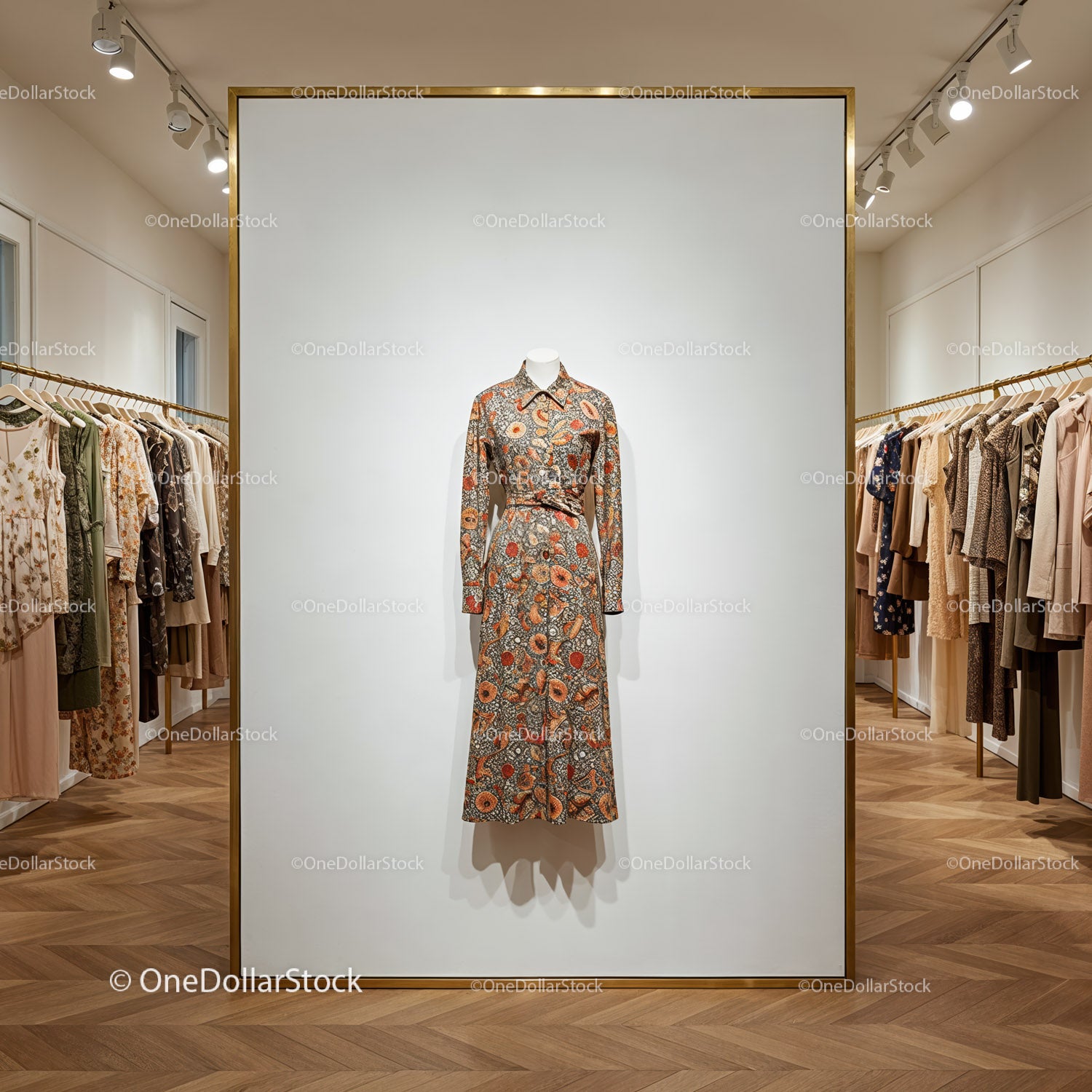 Floral patterned dress on mannequin in boutique display
