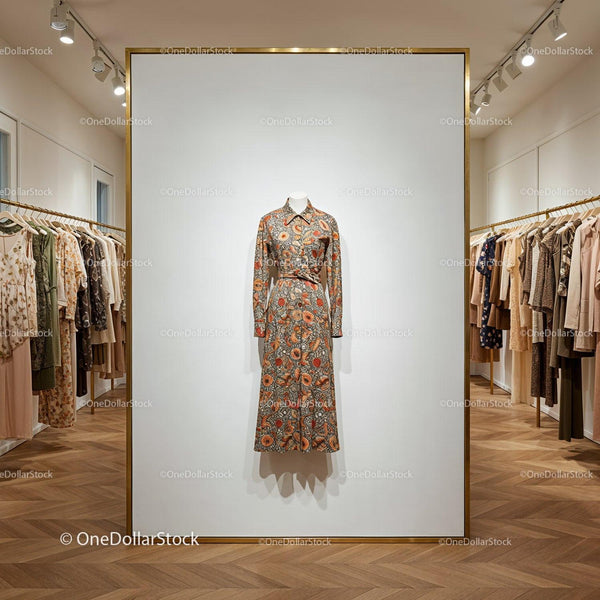 Floral patterned dress on mannequin in boutique display JPG Mockup Image