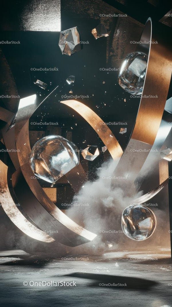 Nowoczesna Abstrakcyjna Sztuka Geometryczna z Pływającymi Kulkami Szklanymi i Metalicznymi Akcentami