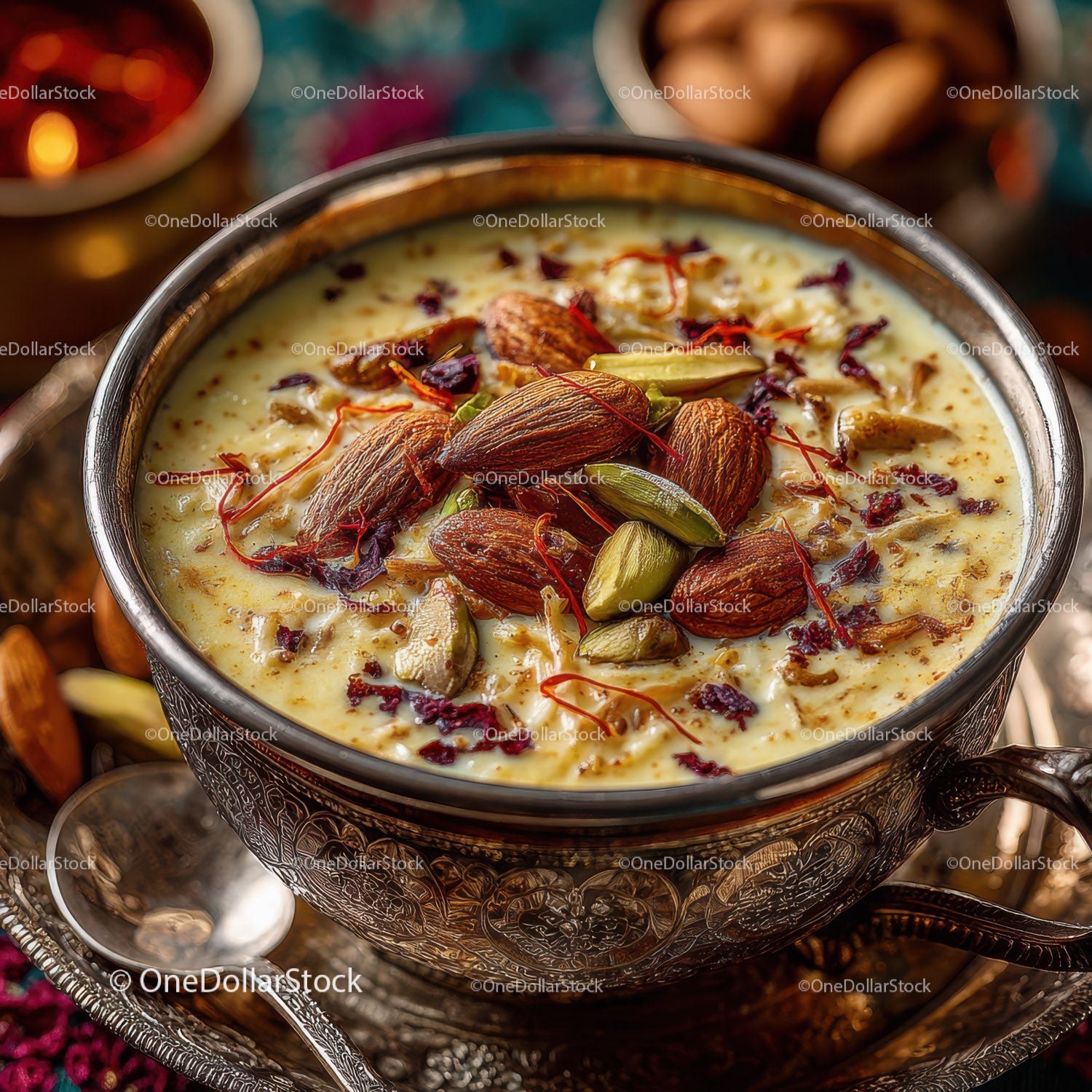 Sweet Saffron Flavored Milk with Pistachios and Rose Petals