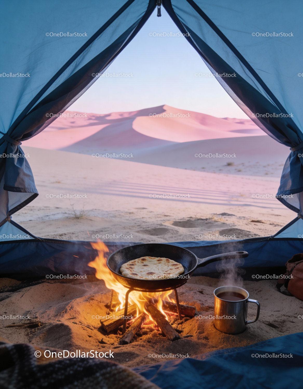 Camping breakfast with flatbread and hot tea in desert