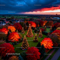 Illuminated Christmas Trees in Vibrant Autumn Garden