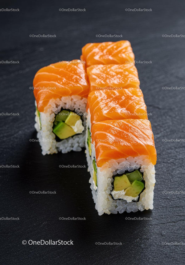 Fresh salmon avocado sushi rolls on black slate