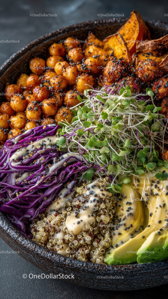 Colorful Plant-Based Bowl with Chickpeas Quinoa and Veggies