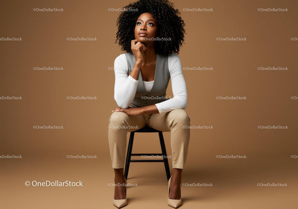 Confident Stylish Woman Sitting Thinking in Studio