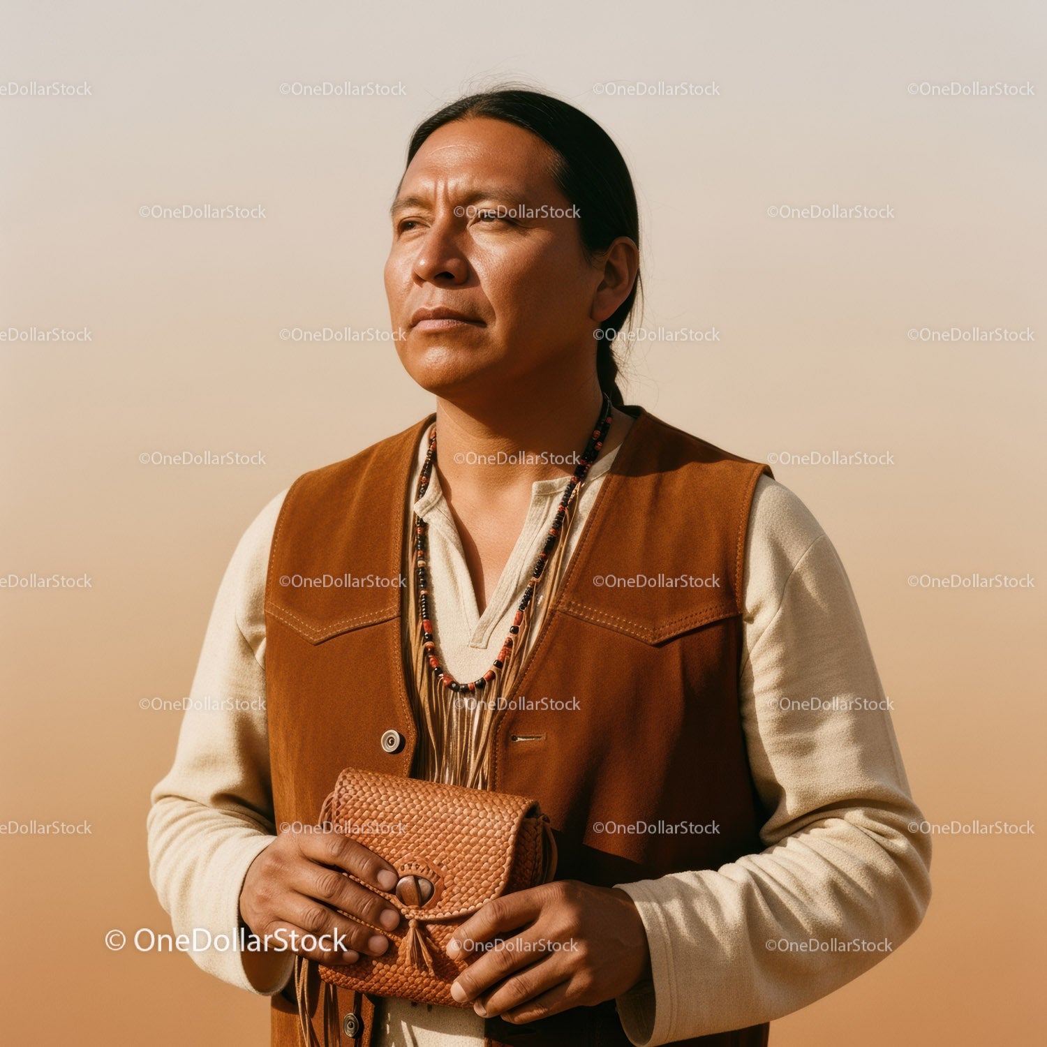 Native American Man Standing in Desert Landscape with Traditional Clothing