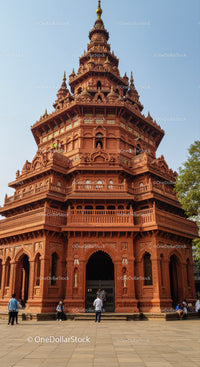 Red Brick Temple with Intricate Carvings and Spires in Historic Indian Style