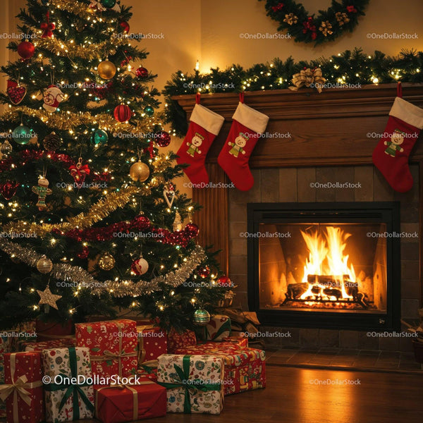 Cozy Christmas Living Room with Tree and Fireplace Glow