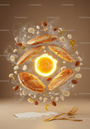 Golden pancakes with honey nuts and sunny egg yolk