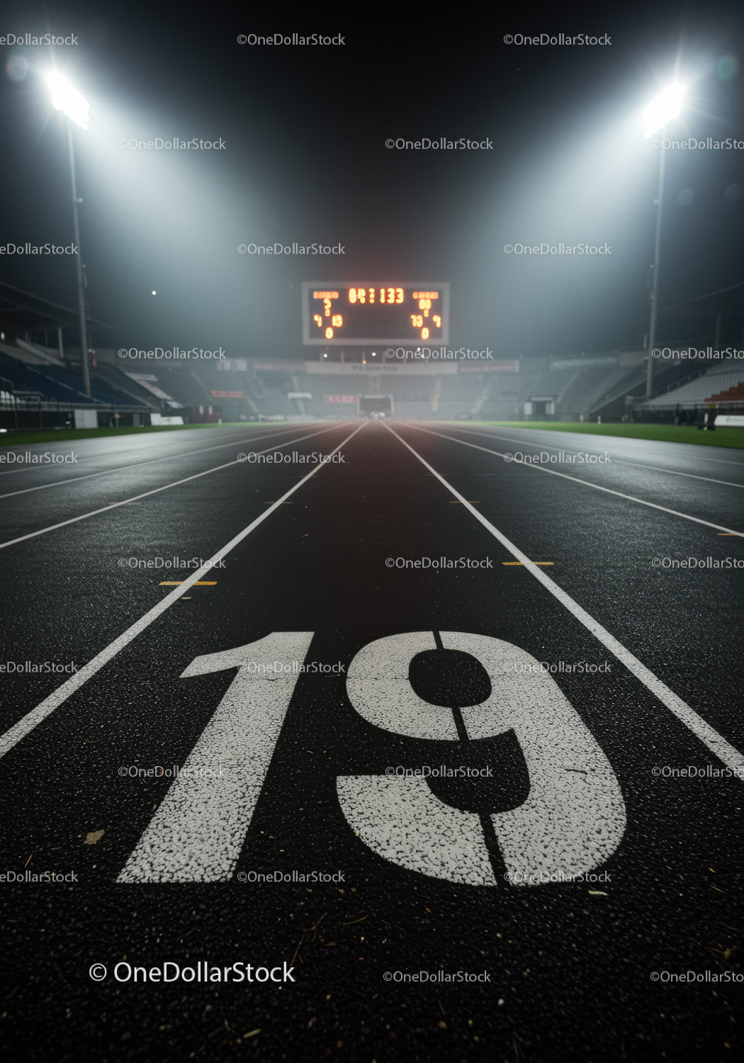 Empty Running Track Lane At Night Under Stadium Lights