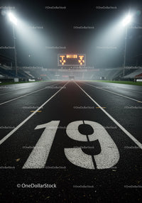 Empty Running Track Lane At Night Under Stadium Lights