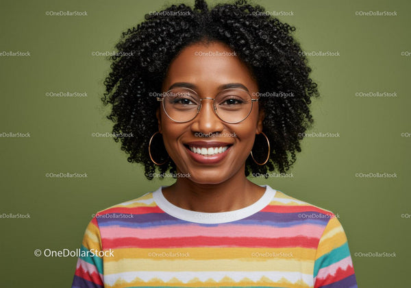 Portrait of a Smiling Young Woman with Curly Hair Wearing Colorful Striped Shirt