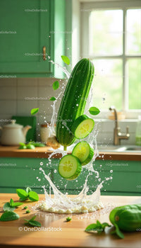 Fresh cucumber slices splashing with water and mint leaves