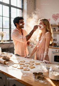 Couple Enjoying Baking Heart-Shaped Cookies Together