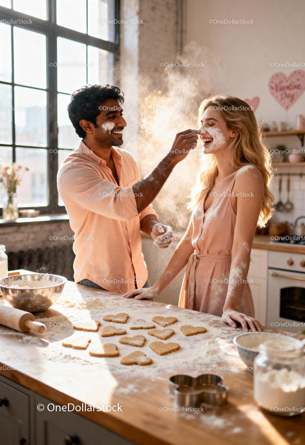 Couple Enjoying Baking Heart-Shaped Cookies Together