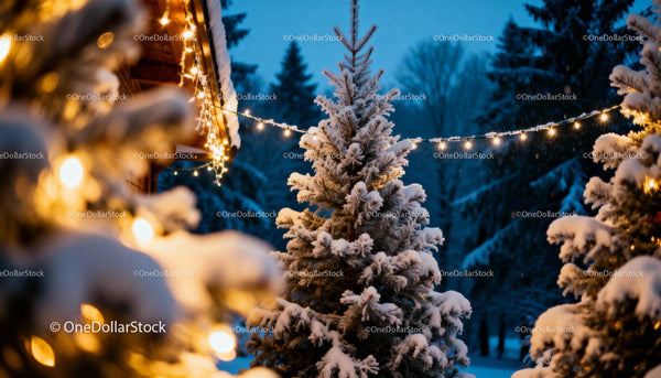 Snow-Covered Christmas Trees Adorned with Warm Lights