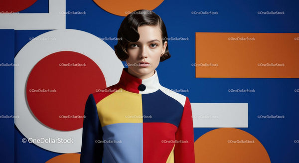 Woman in Colorblock Dress with Geometric Background