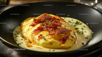 Creamy Chicken Breast with Bacon and Herbs in a Black Skillet