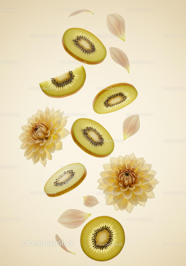 Sliced Kiwi Fruit with Delicate Yellow Dahlia Flowers