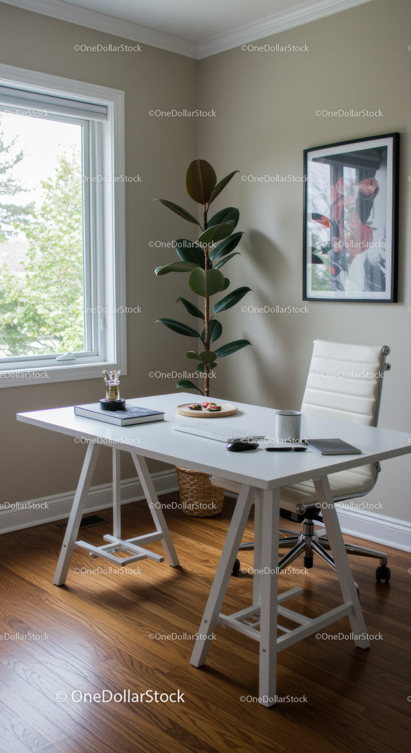 Modern Home Office with Indoor Foliage and Natural Light