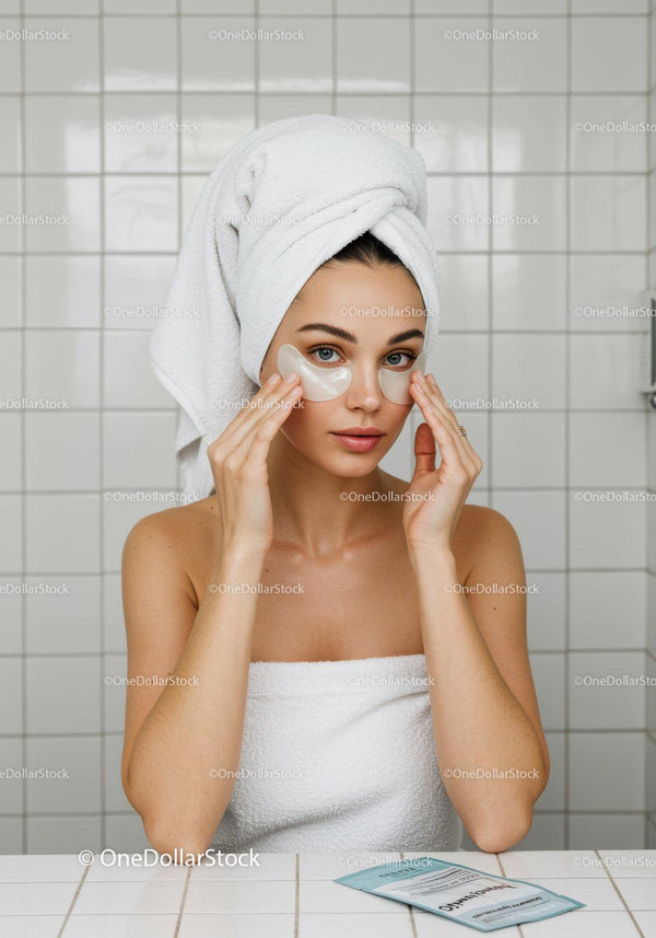Young woman with under eye patches and towel wrapped hair